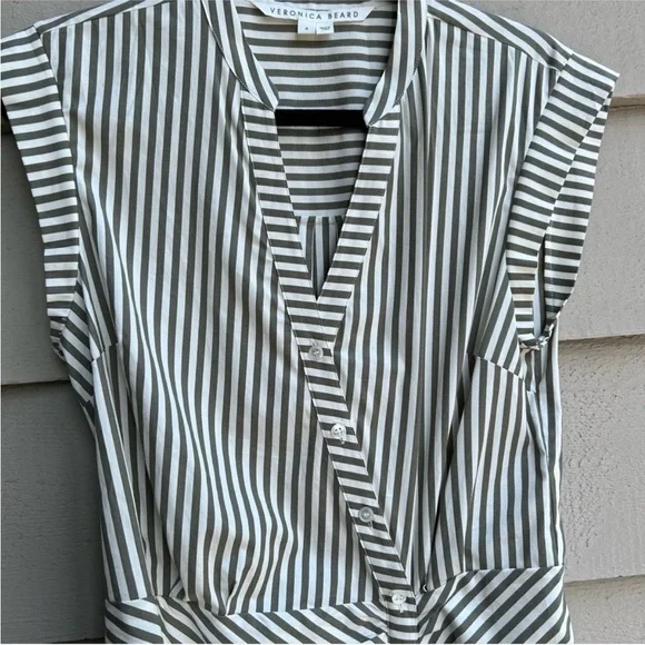 Veronica Beard Ruched Striped Shirtdress White & Olive Green Size 8 - Picture 4 of 13